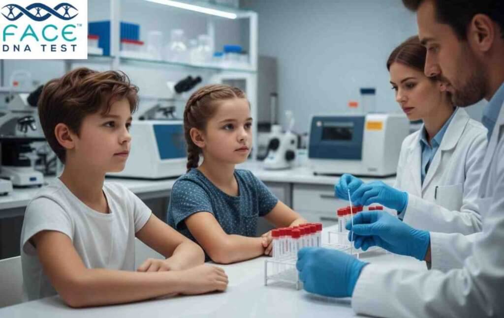 A boy and a girl having their DNA samples collected by lab attendants in a modern laboratory for a sibling DNA test at Face DNA