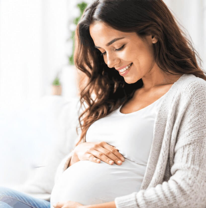 Smiling pregnant woman sitting on a sofa, holding her baby bump